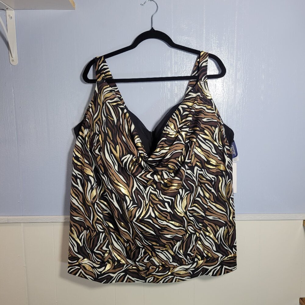 Swimsuits For All 46DDD Brown Gold Built-in-Bra Colorful Bathing Suit Top NWT